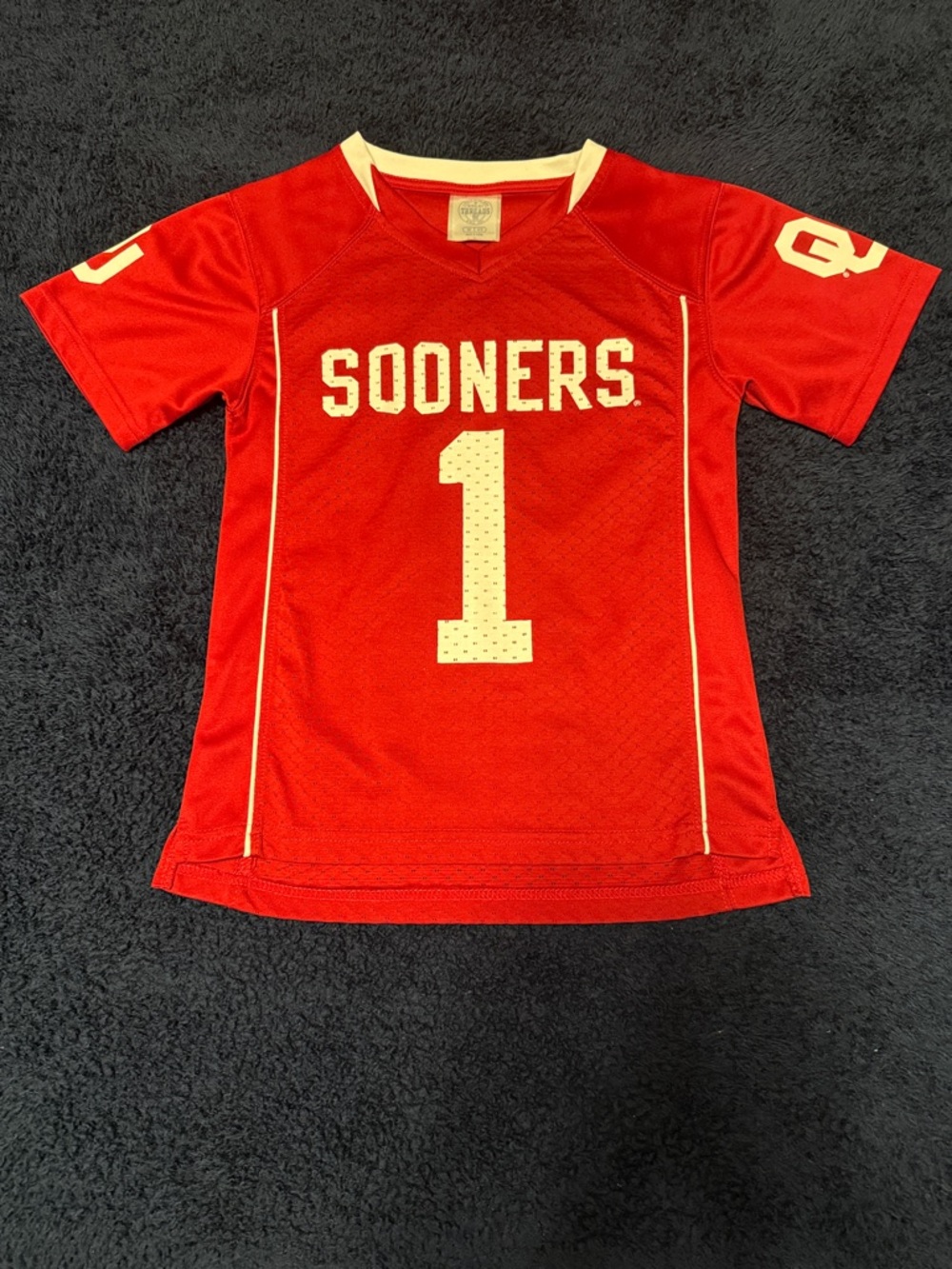 Rivalry Threads Red Jersey Top with White Accents and #1 Graphic